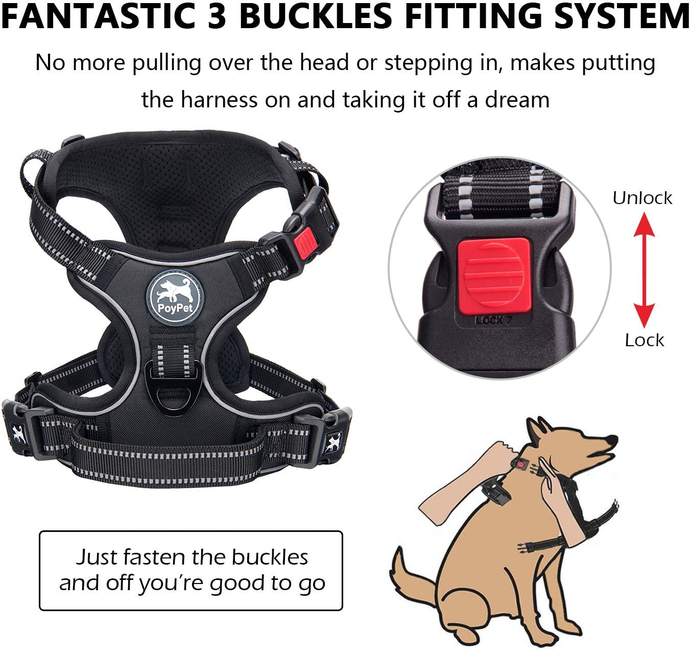 Thumbnail 2 de PoyPet No Pull Dog Harness with Neck Release Buckle, Reflective Soft Padded Vest and Control Handle (Black, S)