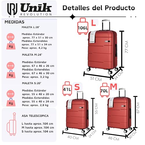 Detalle de Maleta de Cabina Rígida 55x40x20 cm Expandible de Unik REVOLUTION – 41L, ABS ligero, 4 ruedas, TSA y 2,8 kg (Coral)