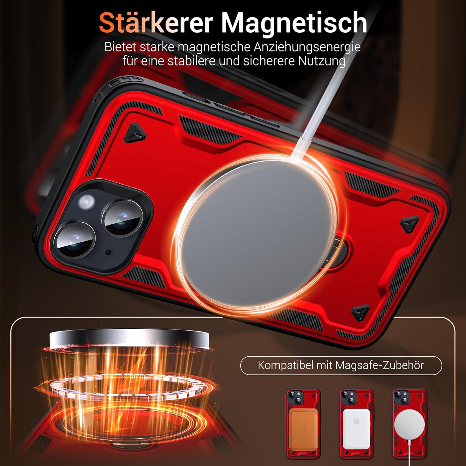 Thumbnail 4 de WYUIC Hülle für iPhone 15 (6,1 Zoll) mit rotierbarem Magnetring-Ständer und Magsafe-Schutz – rot