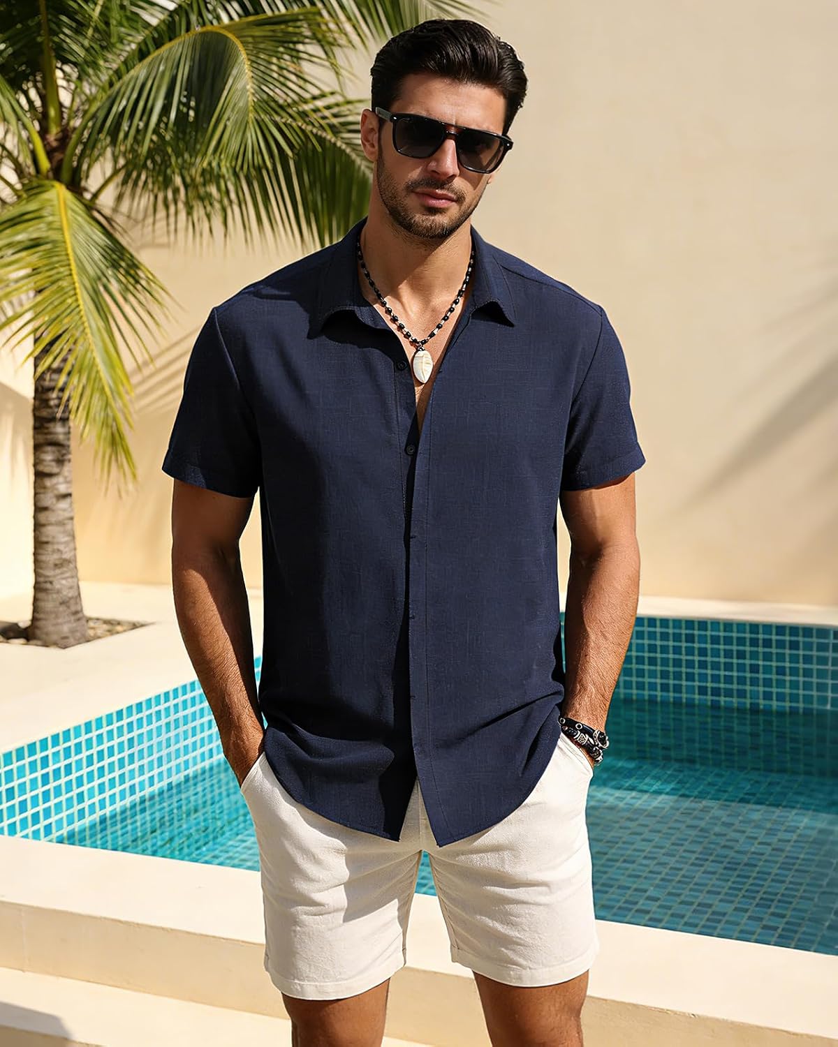Detalle de HMIYA Herren Hemd aus Baumwolle – Sommer-Freizeithemd, Regular Fit, Kurzarm