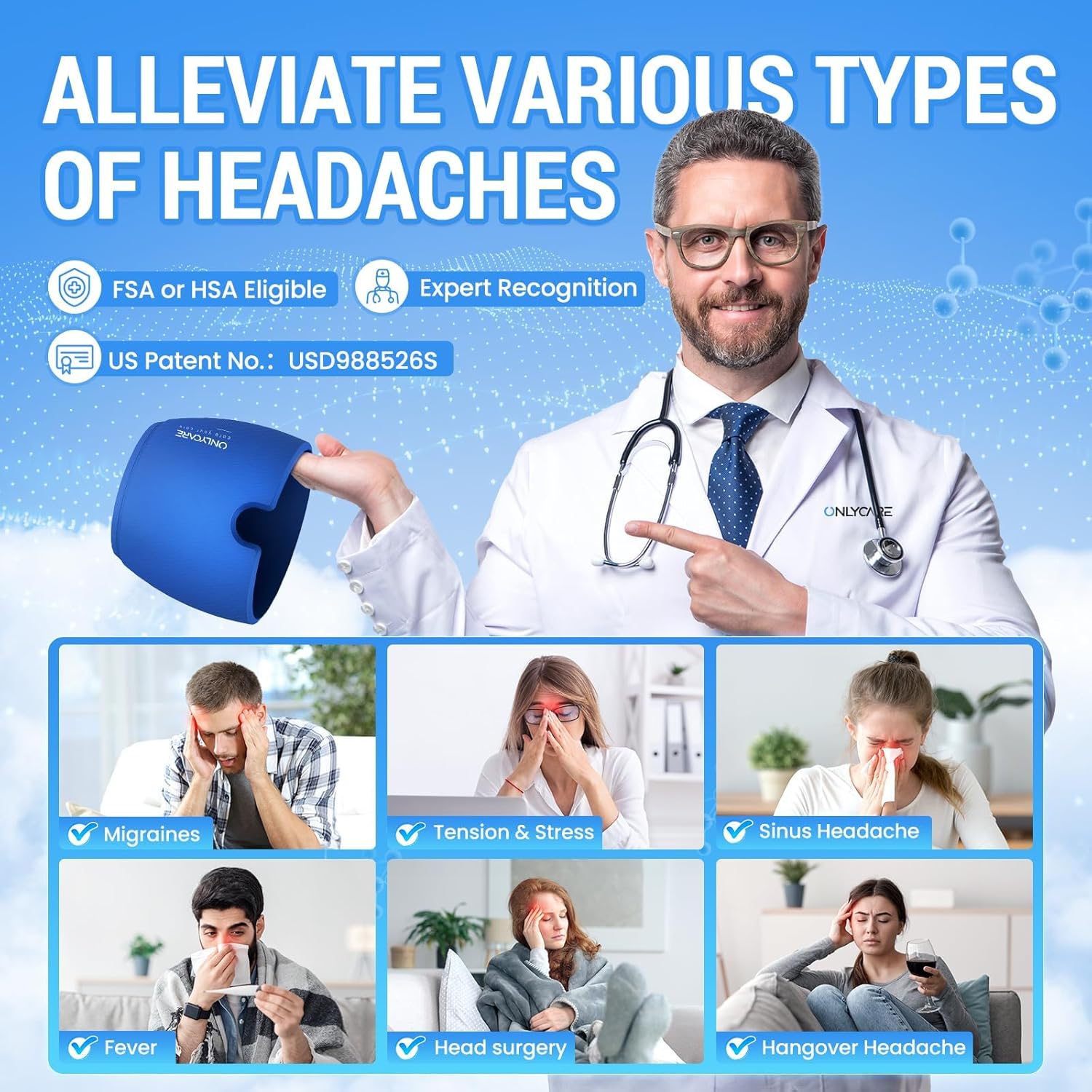 Thumbnail 6 de ONLYCARE Migräne-Entlastungskappe – geruchlose Gel-Kühlmaske für Migräne, blau