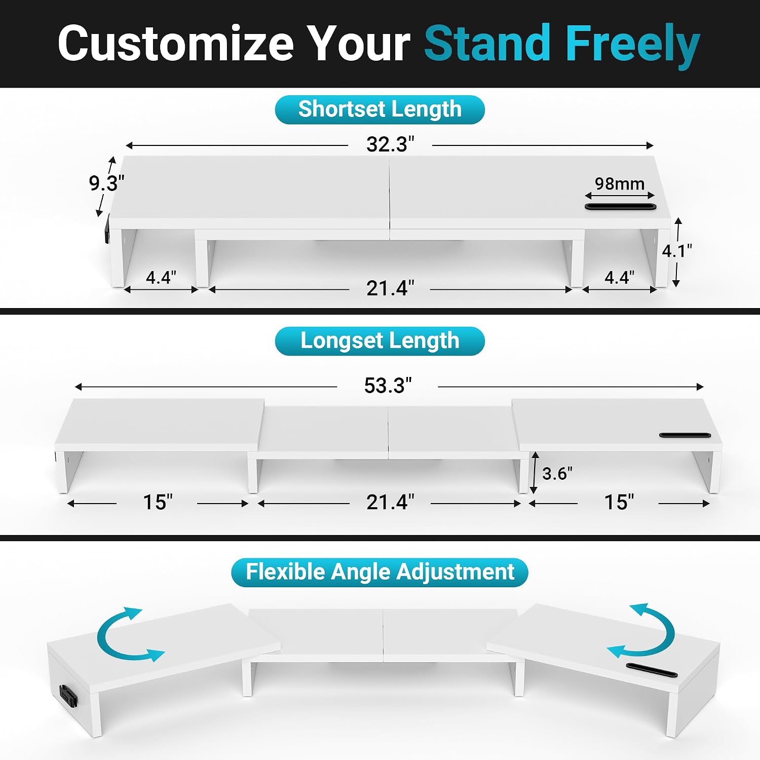 Thumbnail 2 de BONTEC Triple Monitor Stand Riser, White Wood, Adjustable 32.3–53.3 in