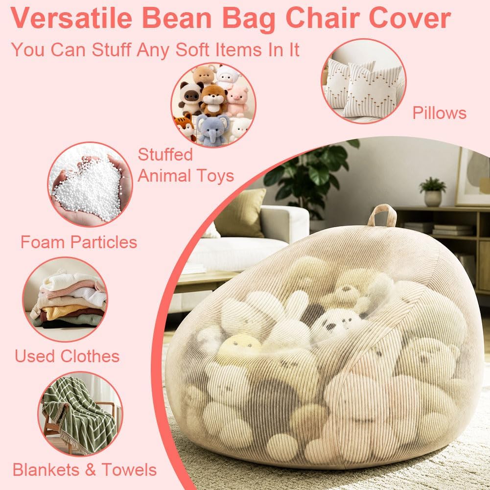 Detalle 1 de Vicloon Corduroy Bean Bag Chair Cover, 85 x 85 x 50 cm, Beige, Unfilled