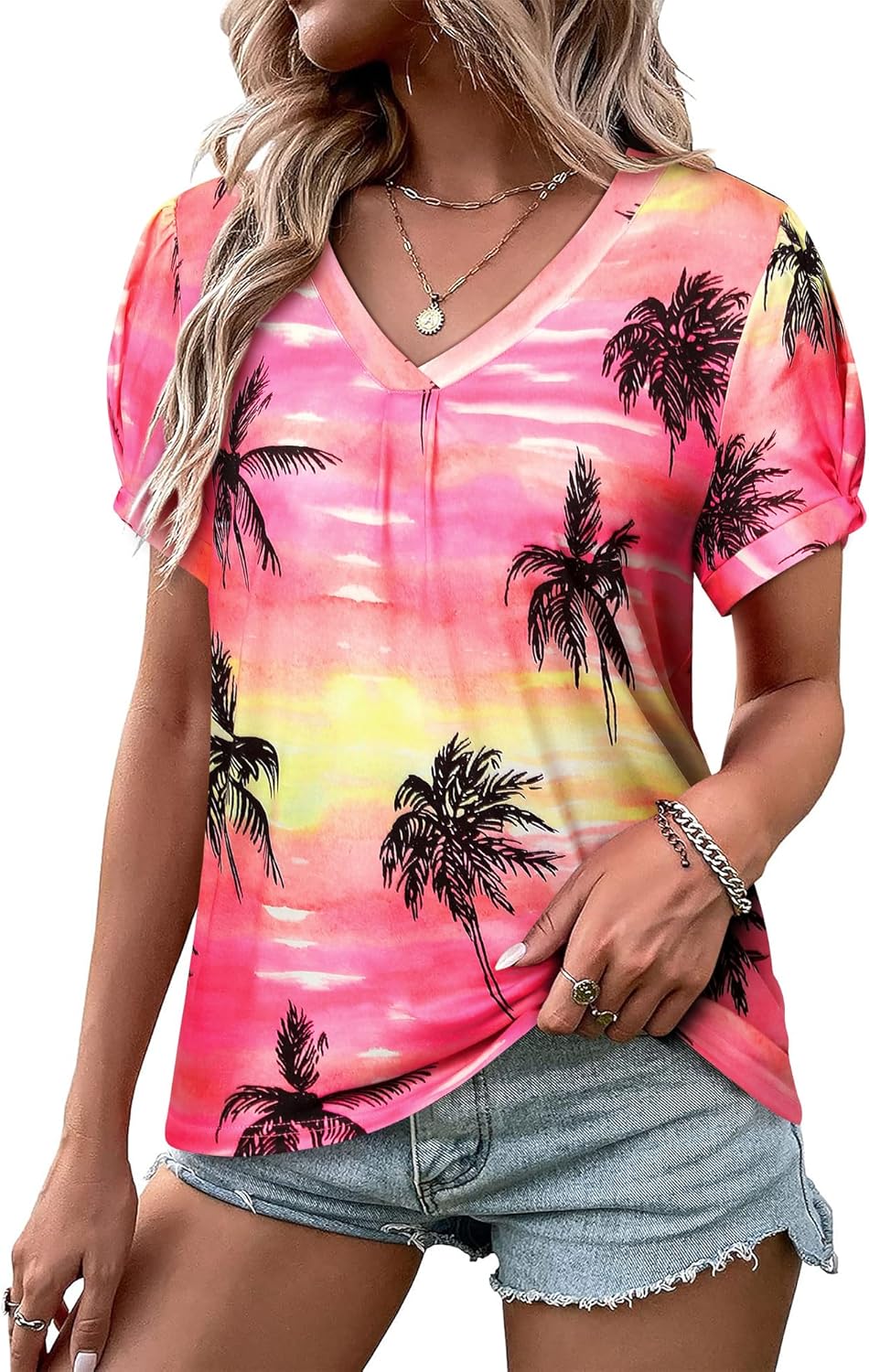 Thumbnail 5 de WIEIYM Women V Neck Pleated Puff Short Sleeve Tropical Floral Blouse