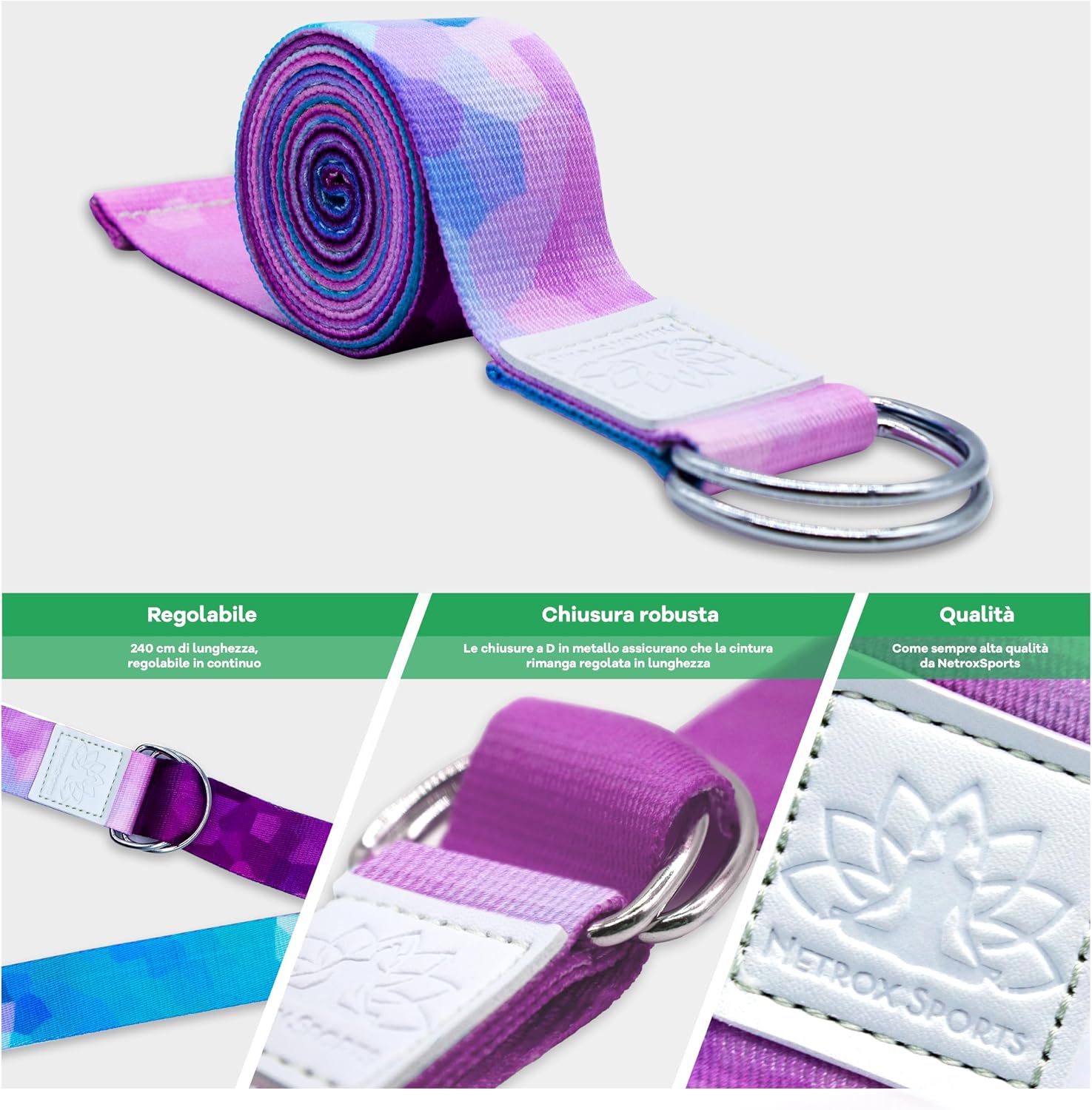 Detalle de NetroxSports® Cinghia Yoga Cotone – Cinghie Yoga per allungamento (240 cm) con chiusura in metallo