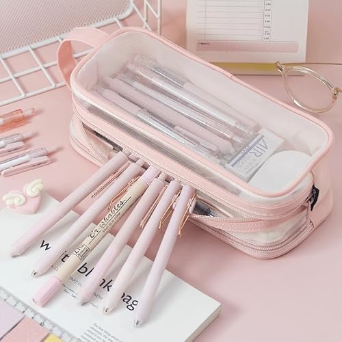 Detalle de Deyaah Large Clear Mesh Pencil Case Pouch – 2 Compartment, Transparent & Multifunctional