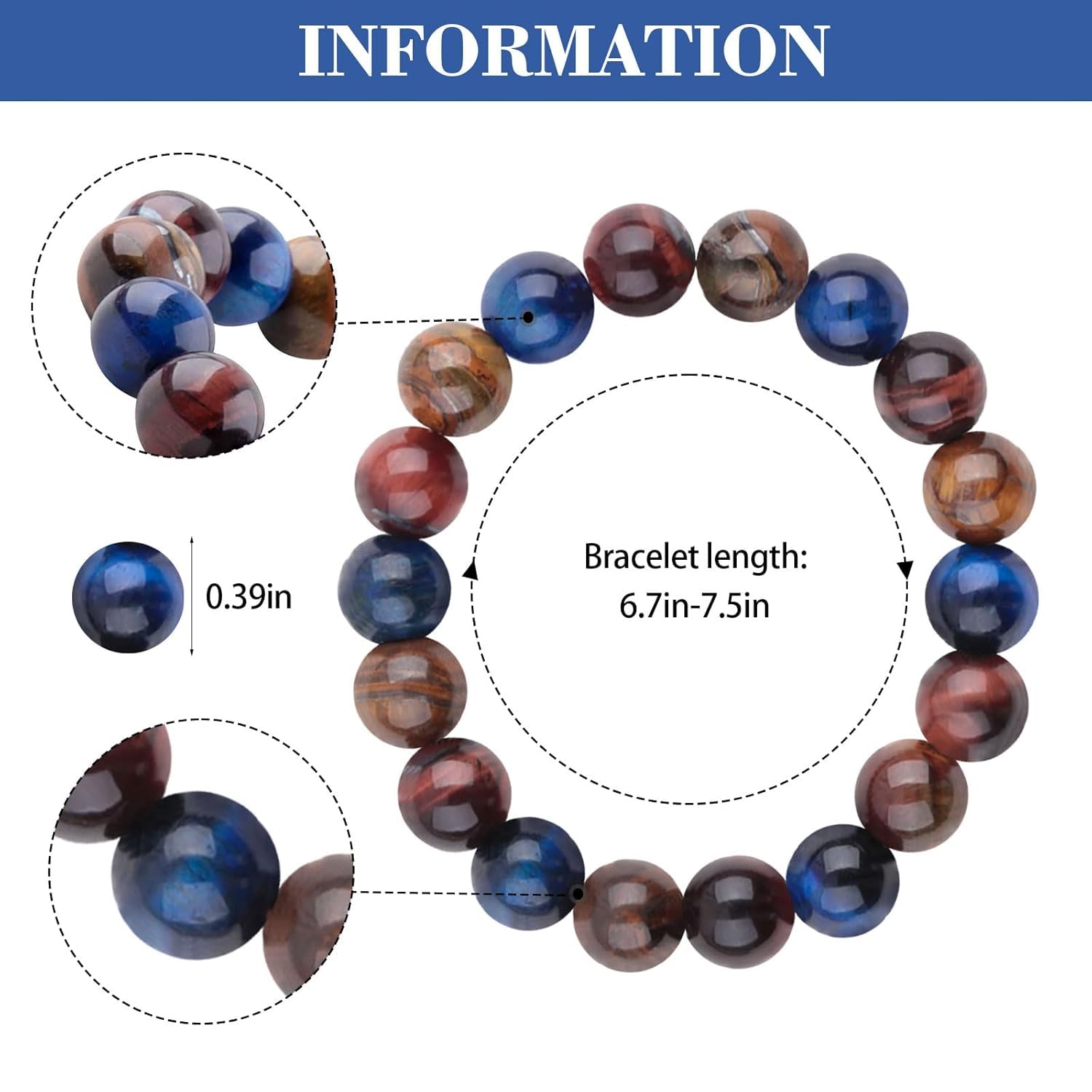 Detalle de Tigerauge Armband aus echtem Naturstein mit 10-mm-Perlen – verstellbar, elastisch, unisex