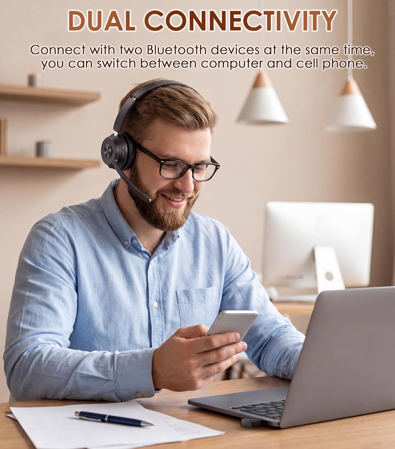 Thumbnail 2 de Wireless Headset with Mic for Work — Noise Canceling Bluetooth Headset with USB Dongle (Black)