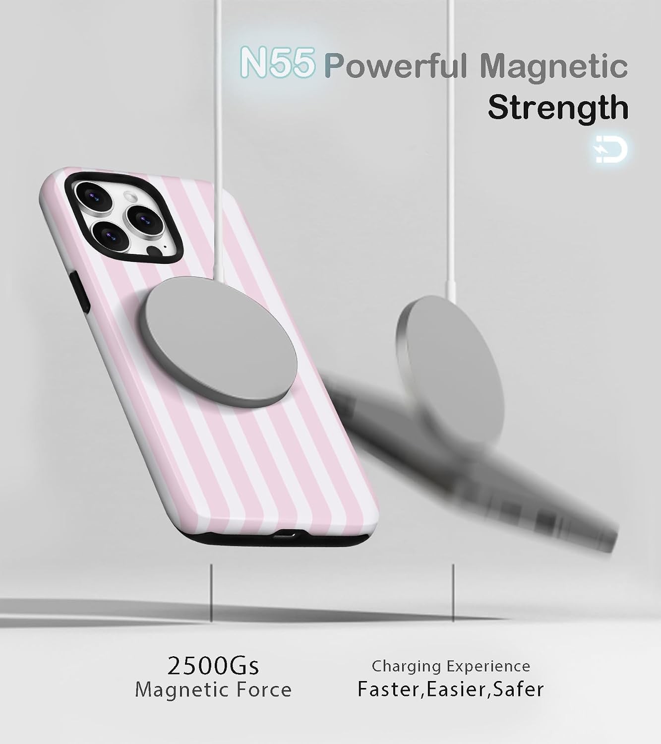 Thumbnail 2 de Amzfield iPhone 15 Pro Case with MagSafe, Dual-Layer Hybrid Protection (Pastel Pink, Striped Aesthetic)