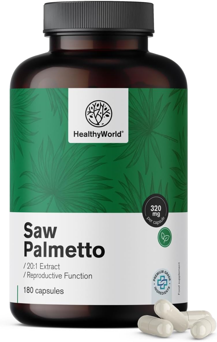 Detalle de HealthyWorld Saw Palmetto zaagpalmsupplement met zink, 20:1-extract, 180 capsules