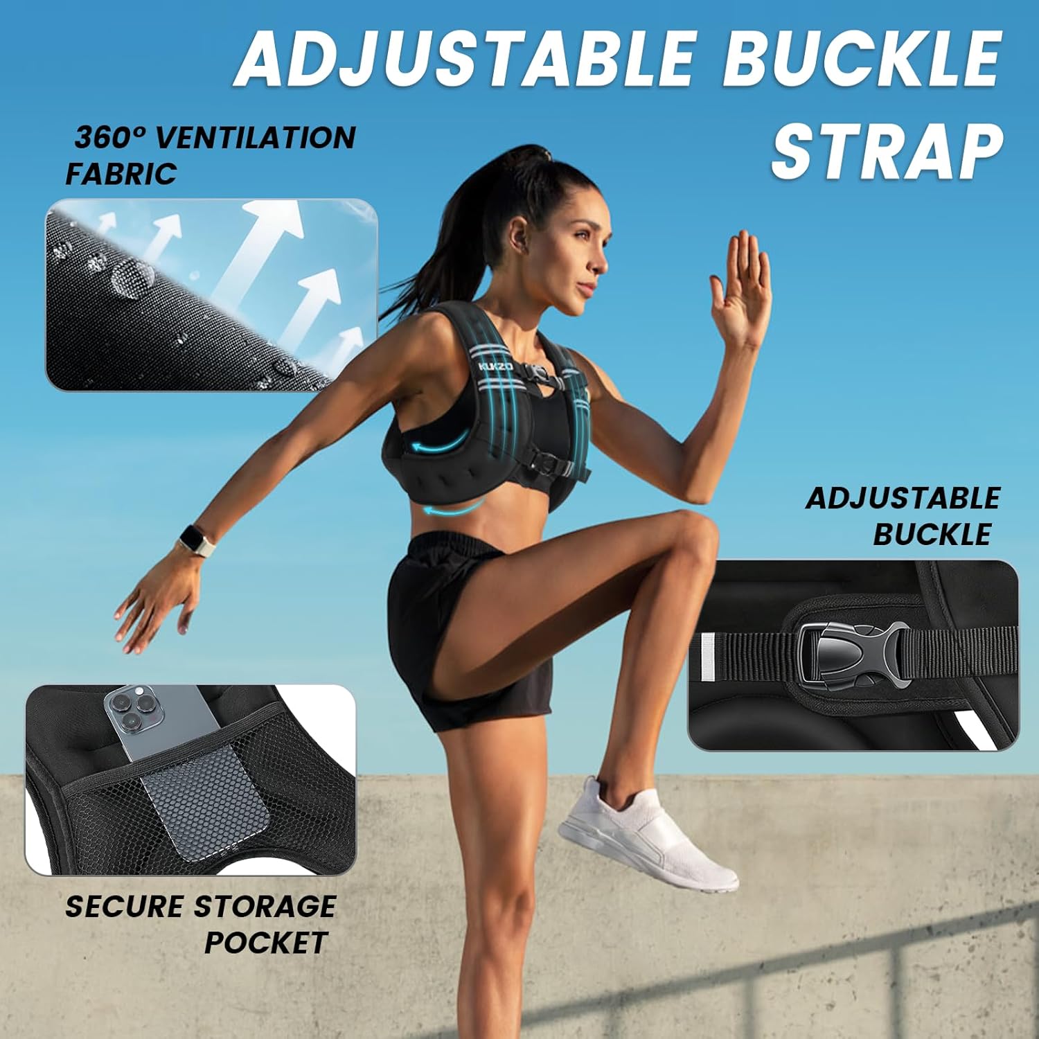 Detalle de KUKZO Weighted Vest Woman — Reflective, Odor-Free Comfort for Women (6/8/12/16/20/25/30 Lb)