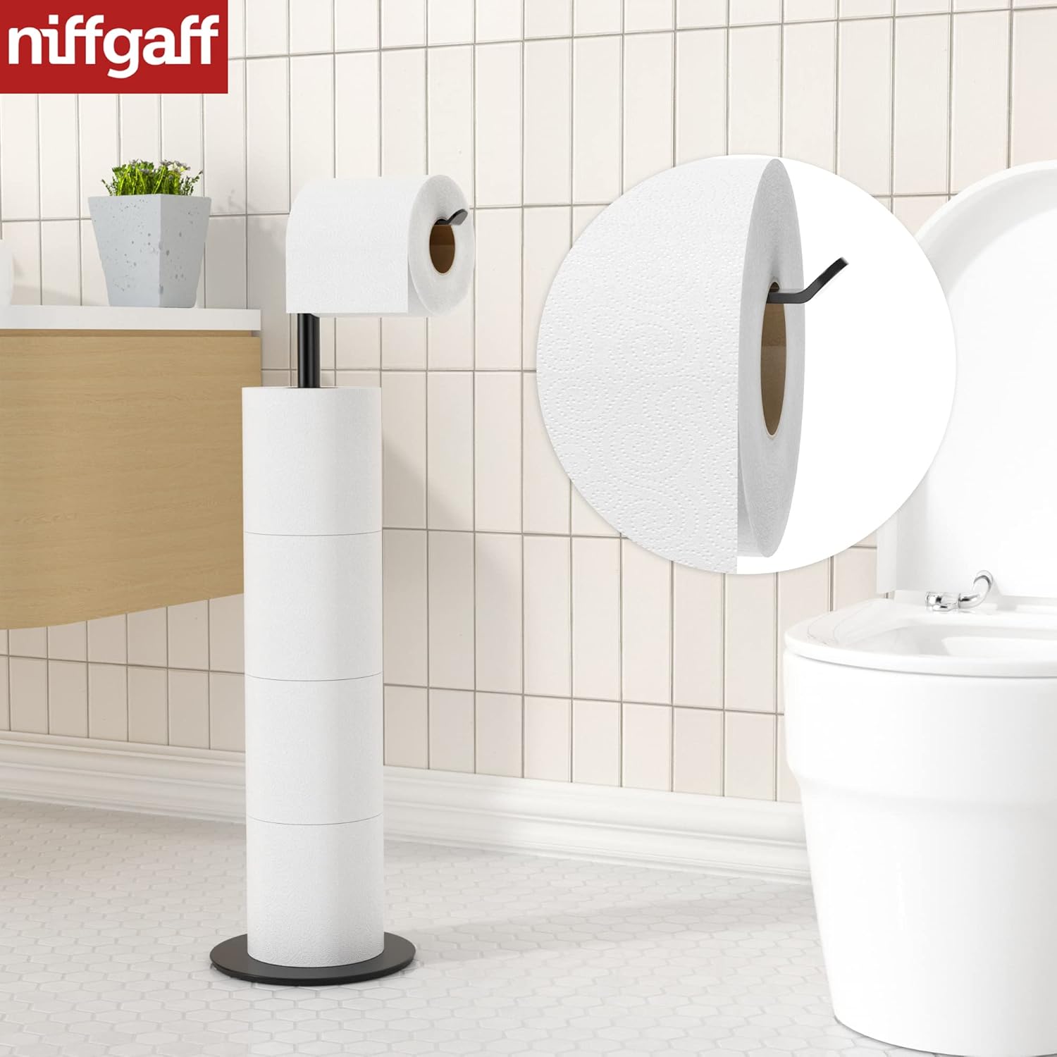 Detalle de Freestanding Stainless Steel Toilet Roll Holder Stand with Black Finish