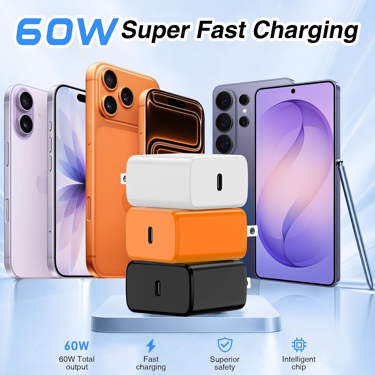 Detalle de QZIIW 60W USB-C Fast Charger Block with 3 Pack + Ultra-Long Cables: Practical, Travel-Ready Power