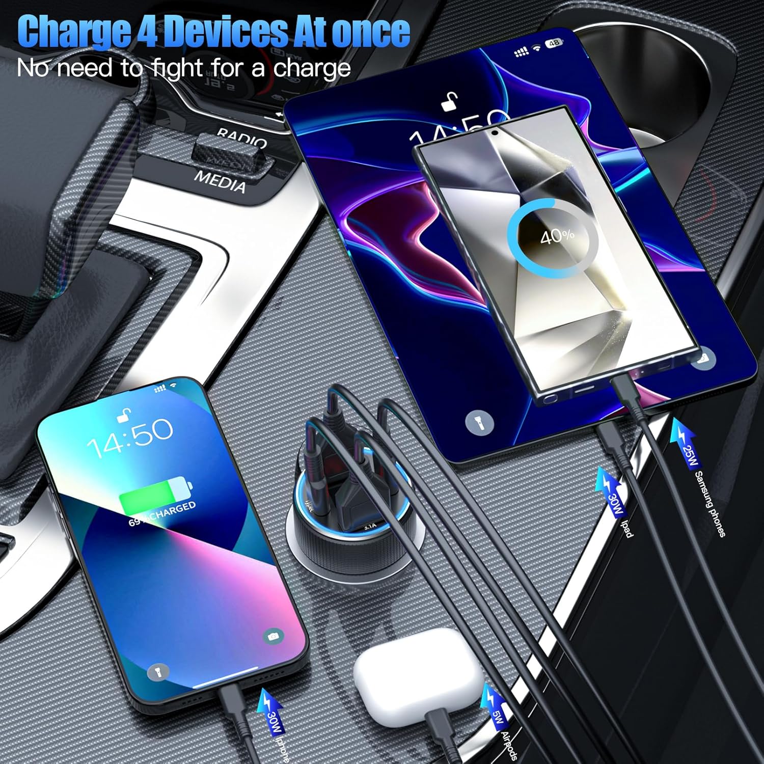 Thumbnail 2 de USB-C Zigarettenanzünder Adapter (12V) mit LED-Voltmeter und 4 Ports – Schwarz & Kabel