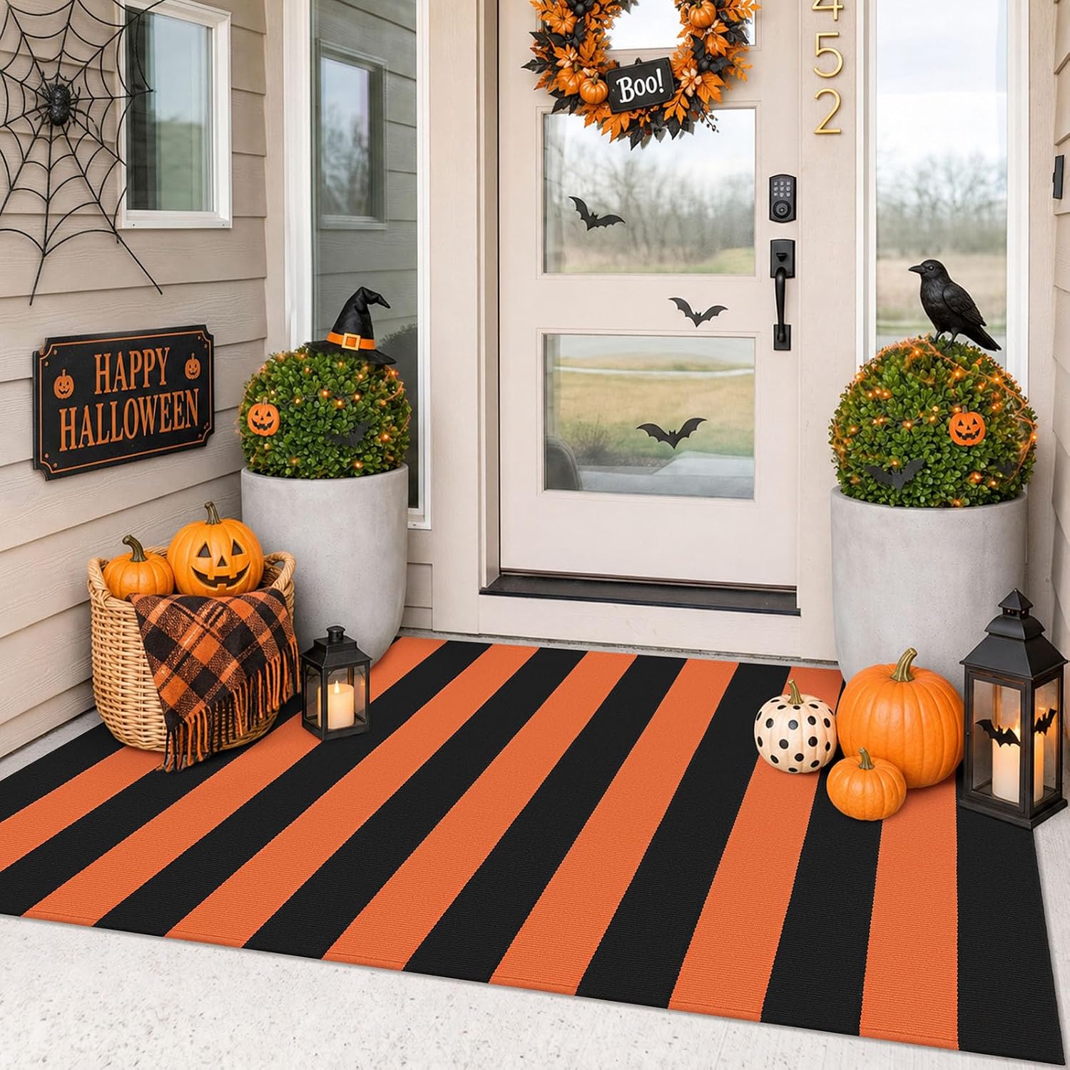 Detalle de IOHOUZE Striped Rug 3' x 5' Indoor/Outdoor Cotton-Blend Rug, Orange/Black