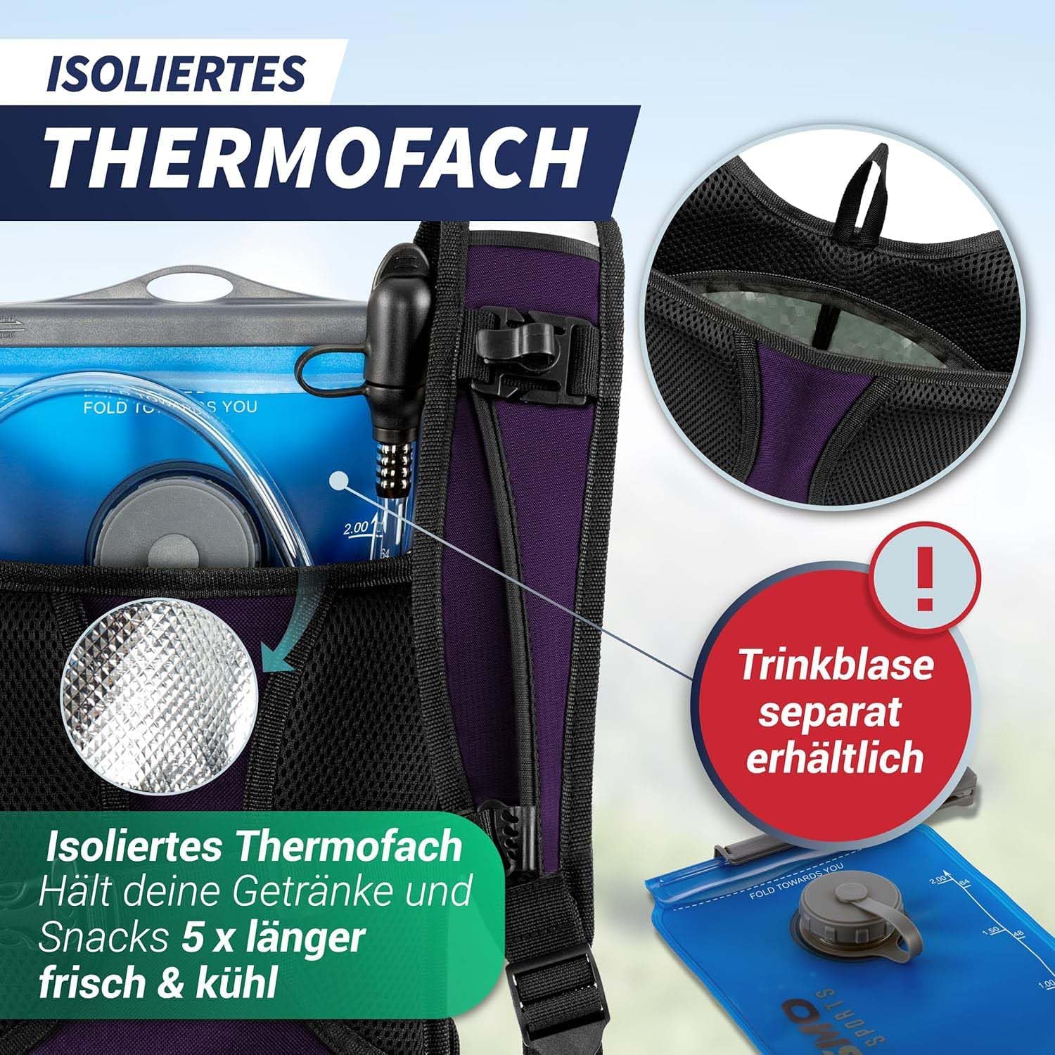Detalle de SASMO® Trinkrucksack (Rot) mit Thermofach & Trinkblase 2 l – ultraleicht für Laufen und Fahrradfahren