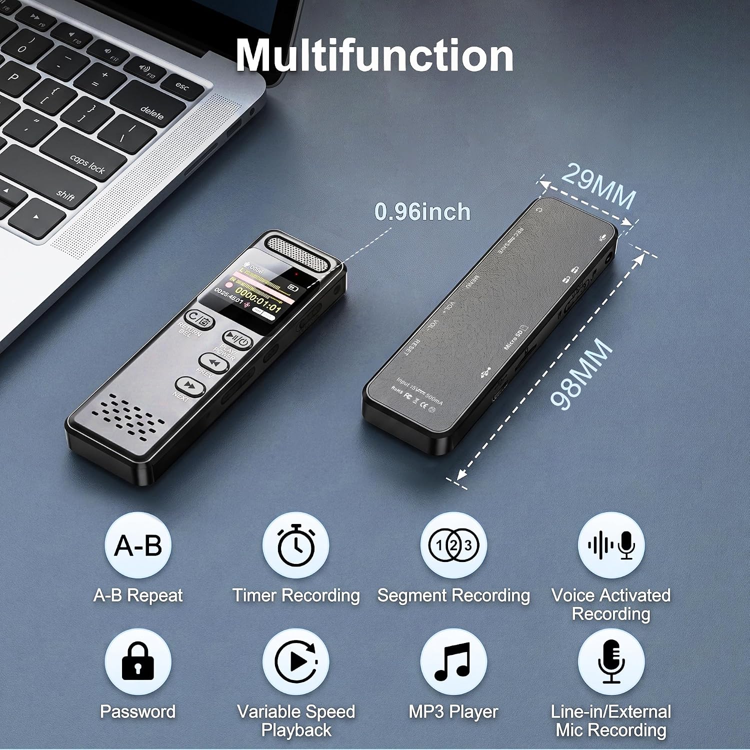 Detalle 1 de Liebssen V75 64GB Voice Recorder with One-Slide Recording and Noise Reduction
