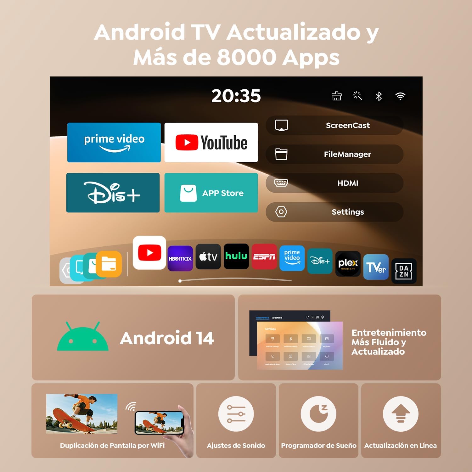 Detalle de TOPTRO Proyector TP2: Cine en casa portátil con Android 14, tiro ultracorto y conectividad WiFi 6