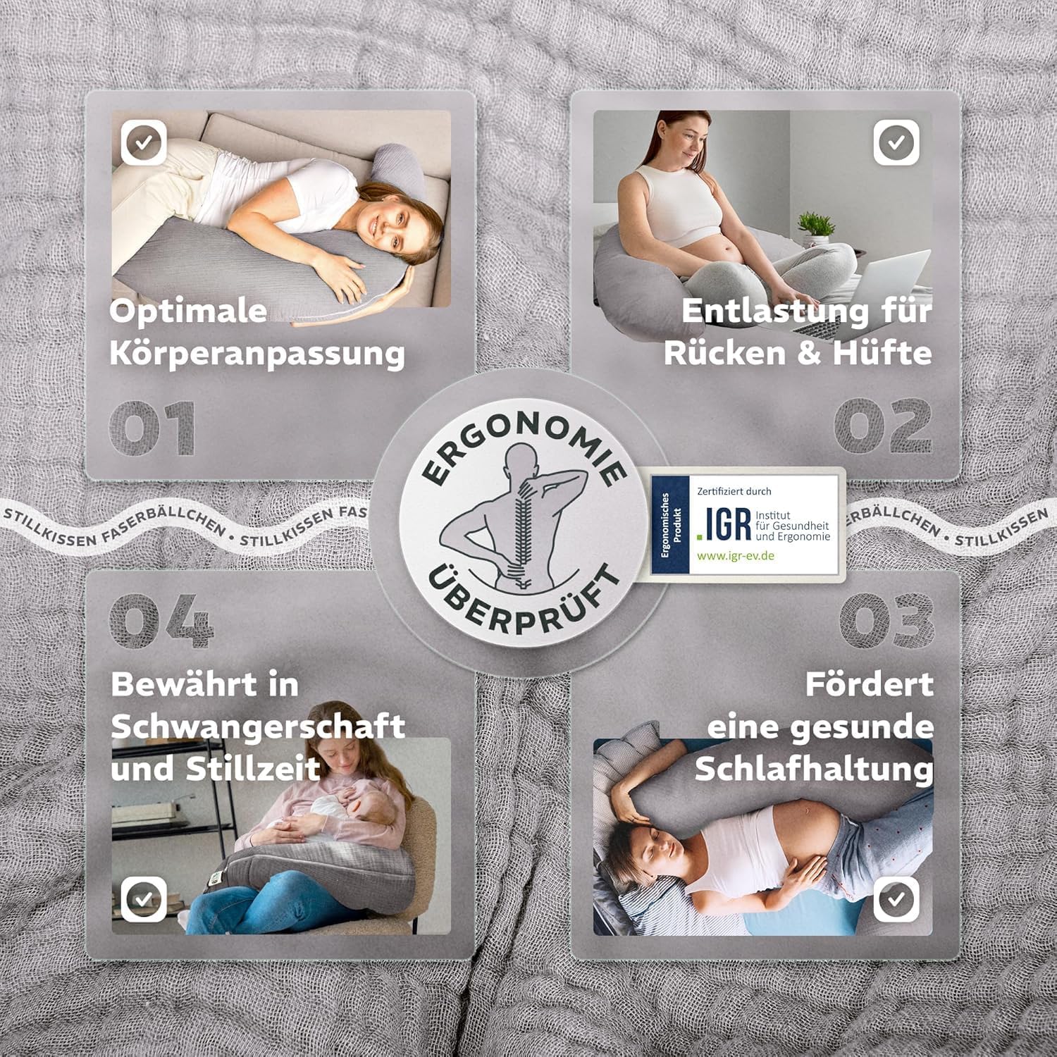 Thumbnail 6 de sei Design XXL Stillkissen 190 cm × 35 cm – ergonomisch mit Musselin-Bezug aus Bio-Baumwolle