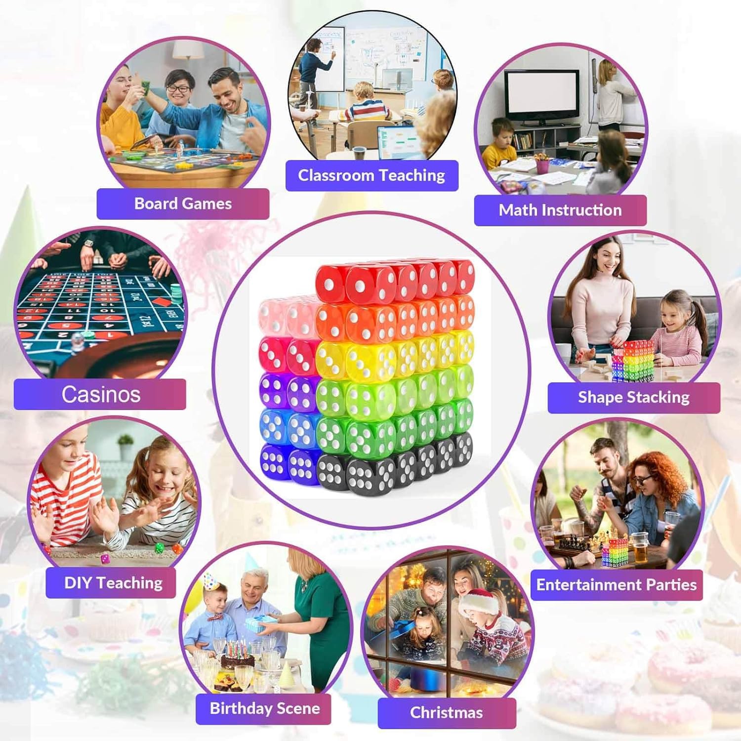 Detalle de Rerdeim 110-Piece Colored Dice Set (6-Sided, 11 Colors) for Classroom, Games, and DIY