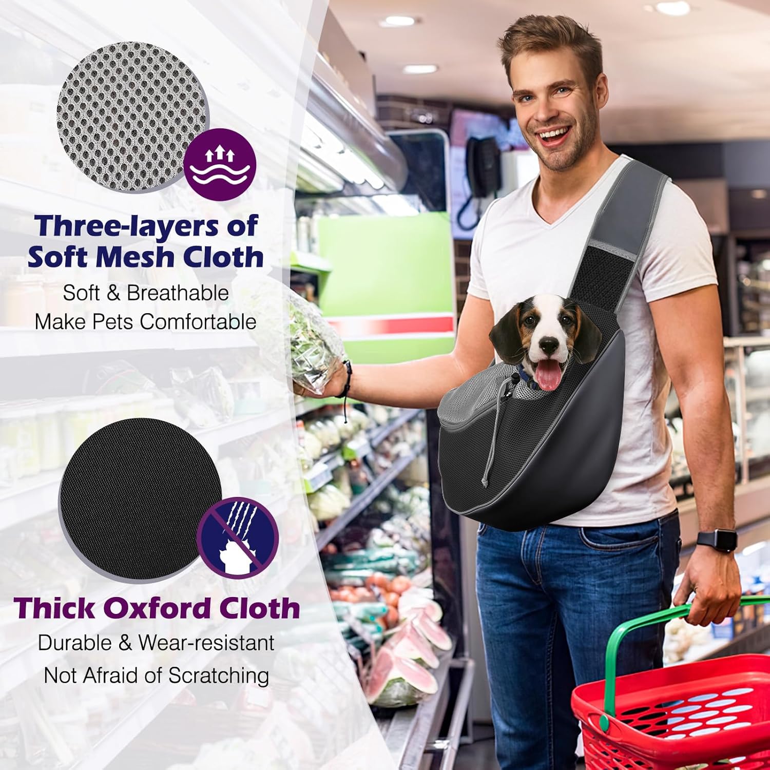 Thumbnail 3 de Pawaboo Pet Dog Sling Carrier (Dark Gray+Black) – Hand-Free Drawstring Crossbody Satchel, Small