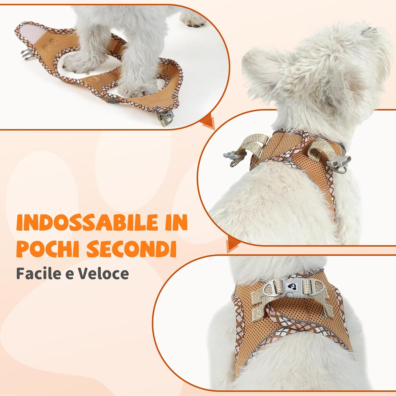 Detalle 2 de COMSLE Pettorina con guinzaglio per cani taglia piccola XS, morbida imbottitura marrone con inserti riflettenti
