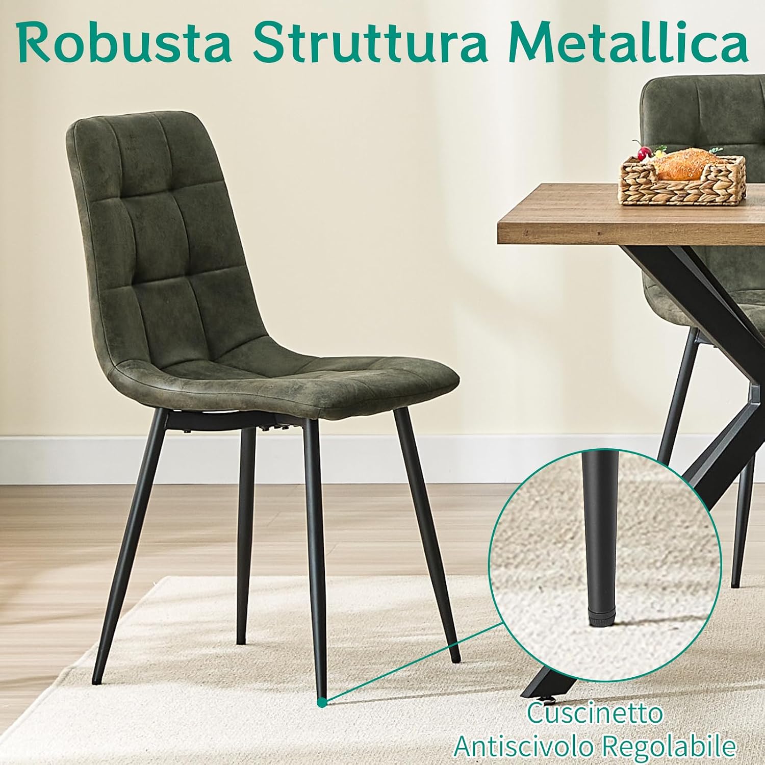 Detalle 2 de LEWE Sedie da Pranzo 4 pz – Sedia imbottita in tessuto tecnico, design con gambe in metallo