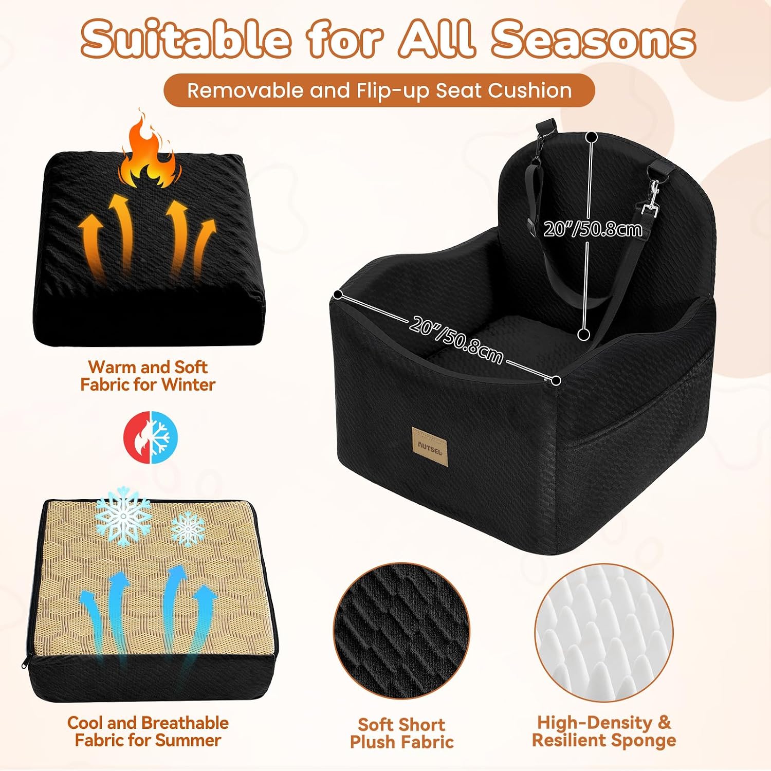 Detalle de Autsel Dog Car Seat for Medium & Small Dogs – Waterproof Booster Seat with Safety Belt and Storage Pockets