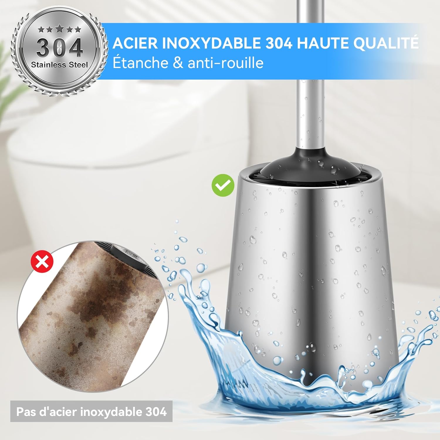 Detalle 2 de TOURRAMIT Brosse Toilettes WC en Acier Inoxydable 304 – Balayette sur pied avec tête remplaçable, finition argent brossé