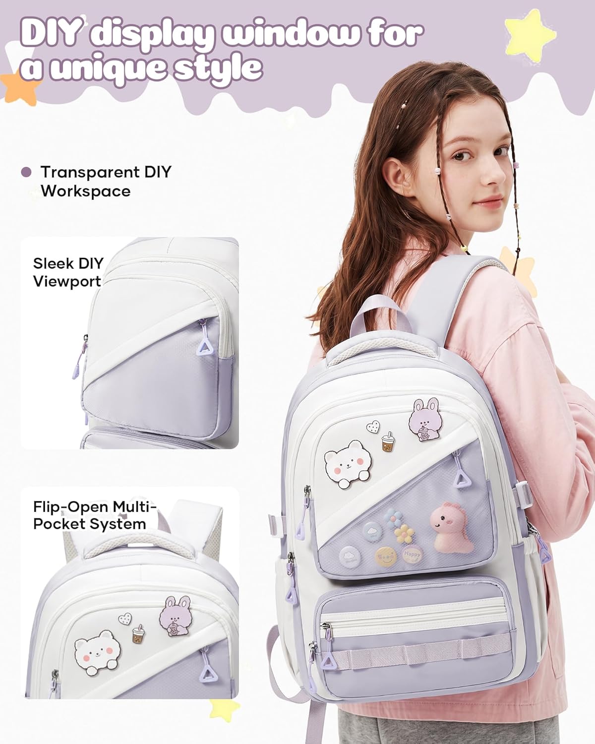 Thumbnail 3 de Schulrucksack Mädchen Lila Teenager – Ästhetischer Rucksack Violett Pastell mit Transparentem Fach