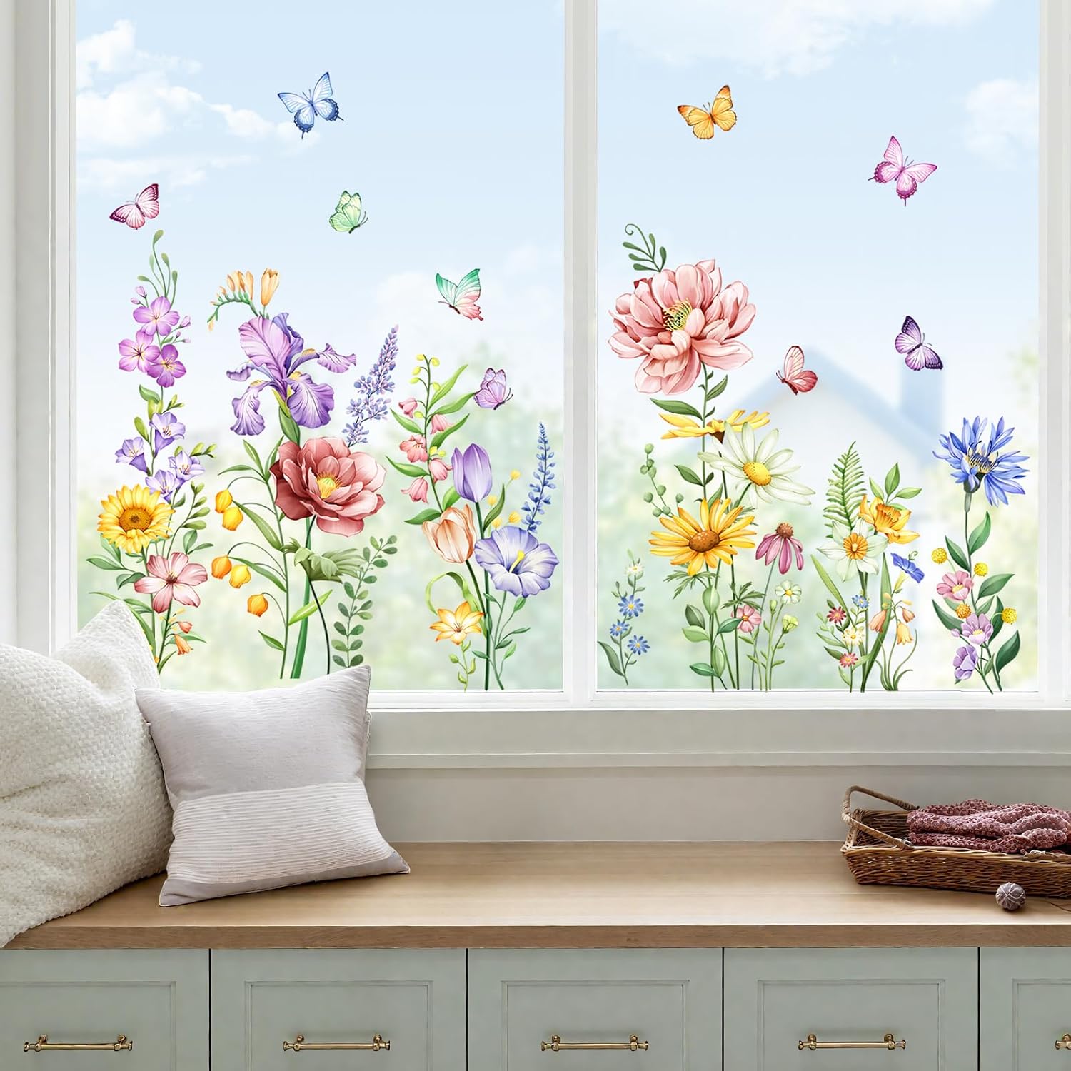 Detalle 2 de Supzone Flower Window Stickers 100 x 50 cm: Double-Sided Floral Clings for Glass and Mirrors