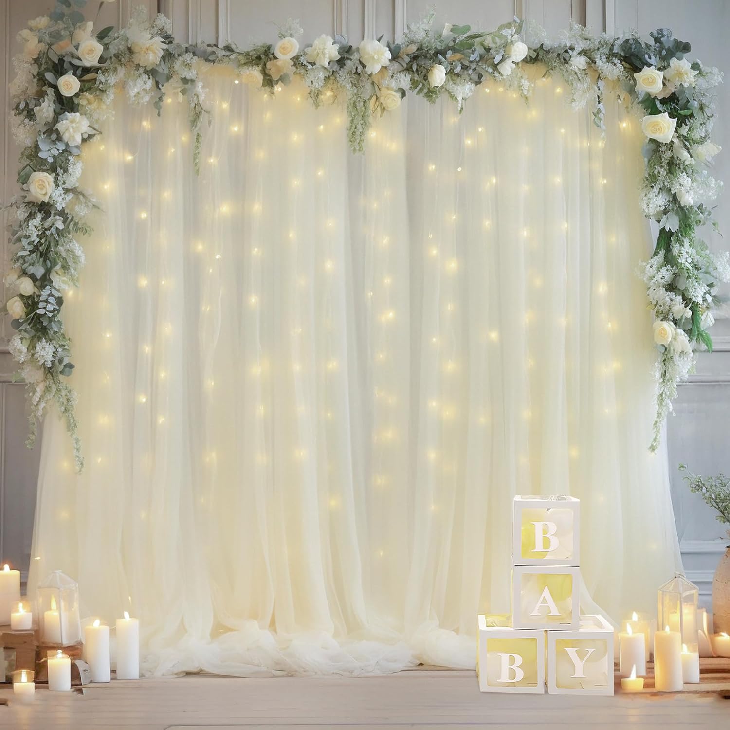 Detalle 2 de Ivory Tulle Backdrop Curtain with Lights — 20x10ft for Weddings, Parties & Photo Shoots