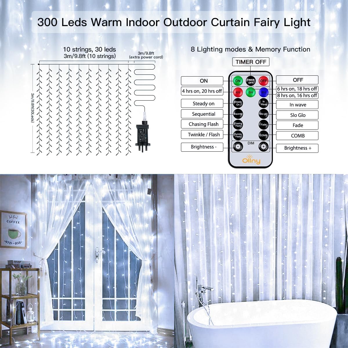 Detalle de Ollny Curtain Fairy Lights (300 LED, 3m x 3m waterfall) – mains powered with remote, timer & 8 modes