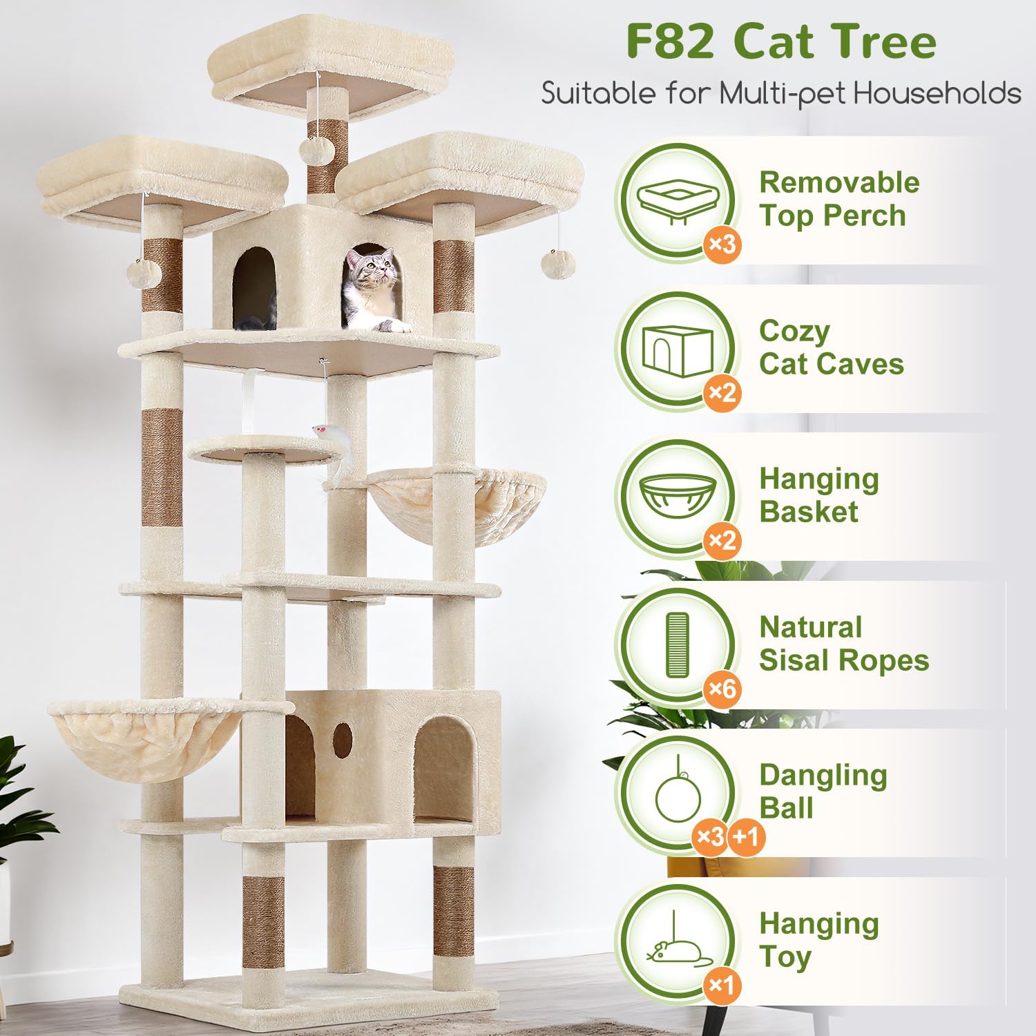 Detalle de Globlazer F82 82-inch Cat Tree with Sisal Posts, Condos and Perches