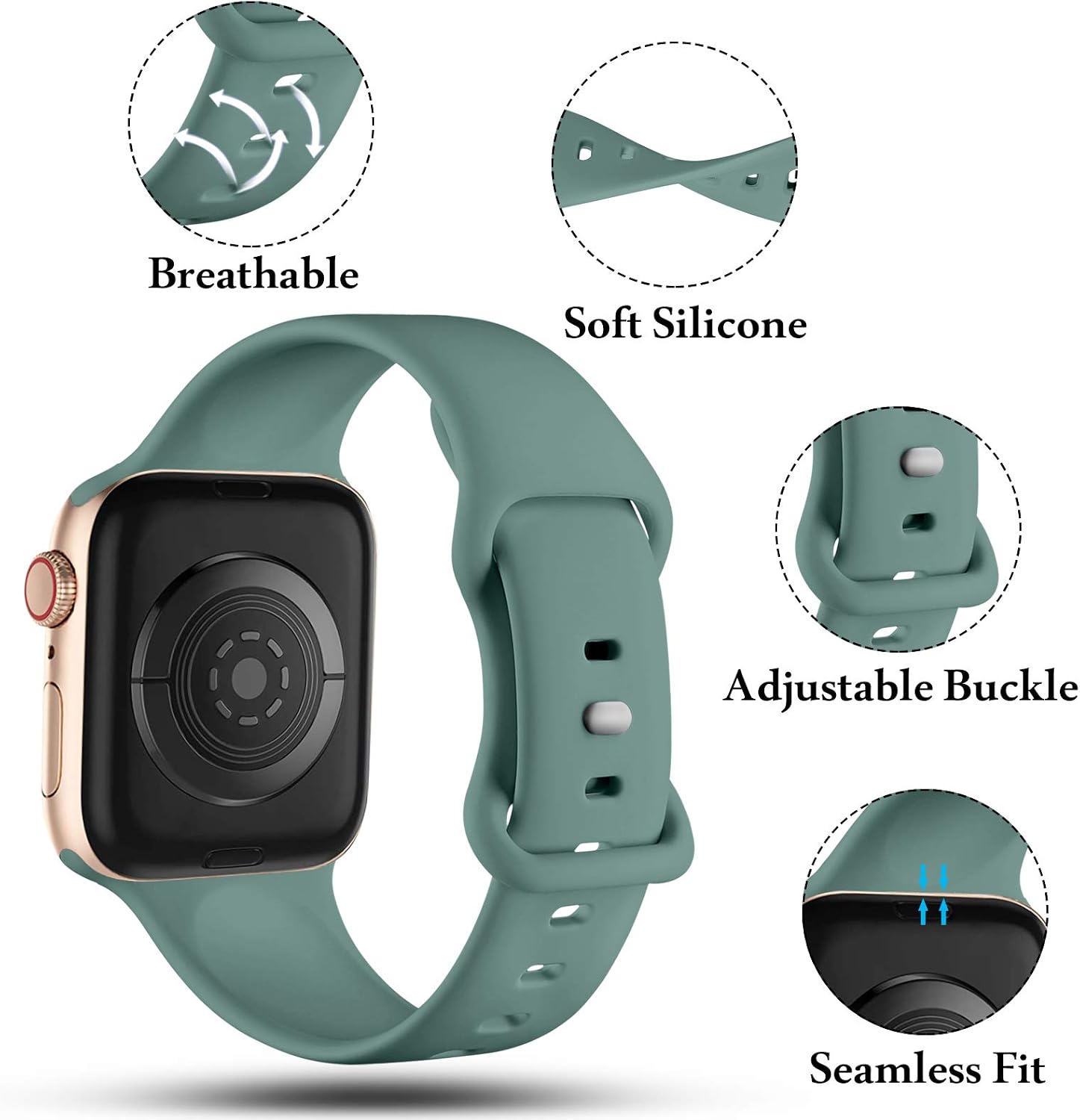 Detalle 2 de CeMiKa Silicone Sport Strap replacement for Apple Watch (38mm–49mm, Pinegreen)