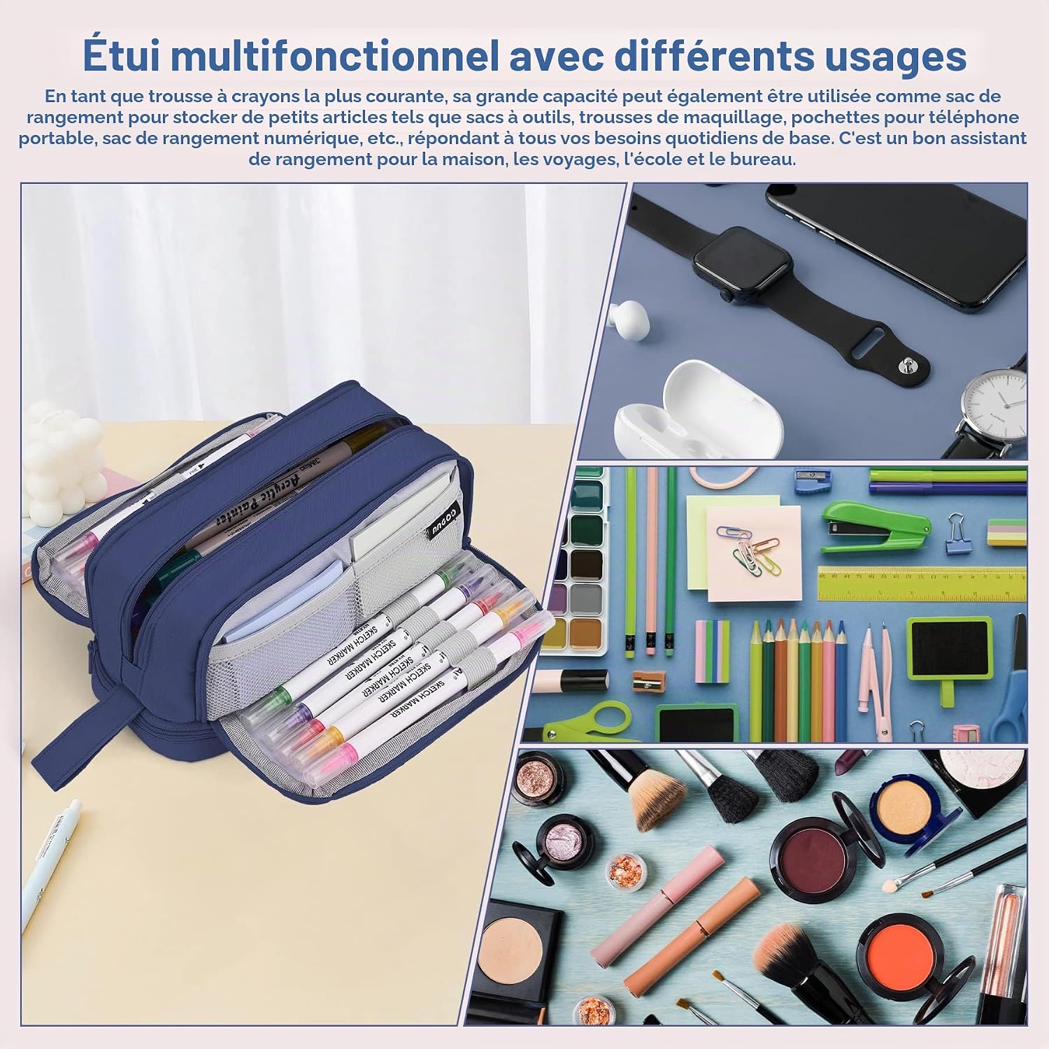 Thumbnail 2 de Sciphylia Trousse Scolaire Grande Capacité Bleu Foncé – Organisation optimisée pour stylos et accessoire