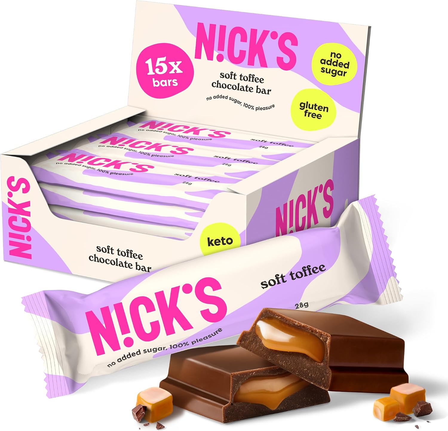 Detalle de N!CK'S Soft Toffee Keto Milk Chocolate Bars, 15 x 28g, No Added Sugar