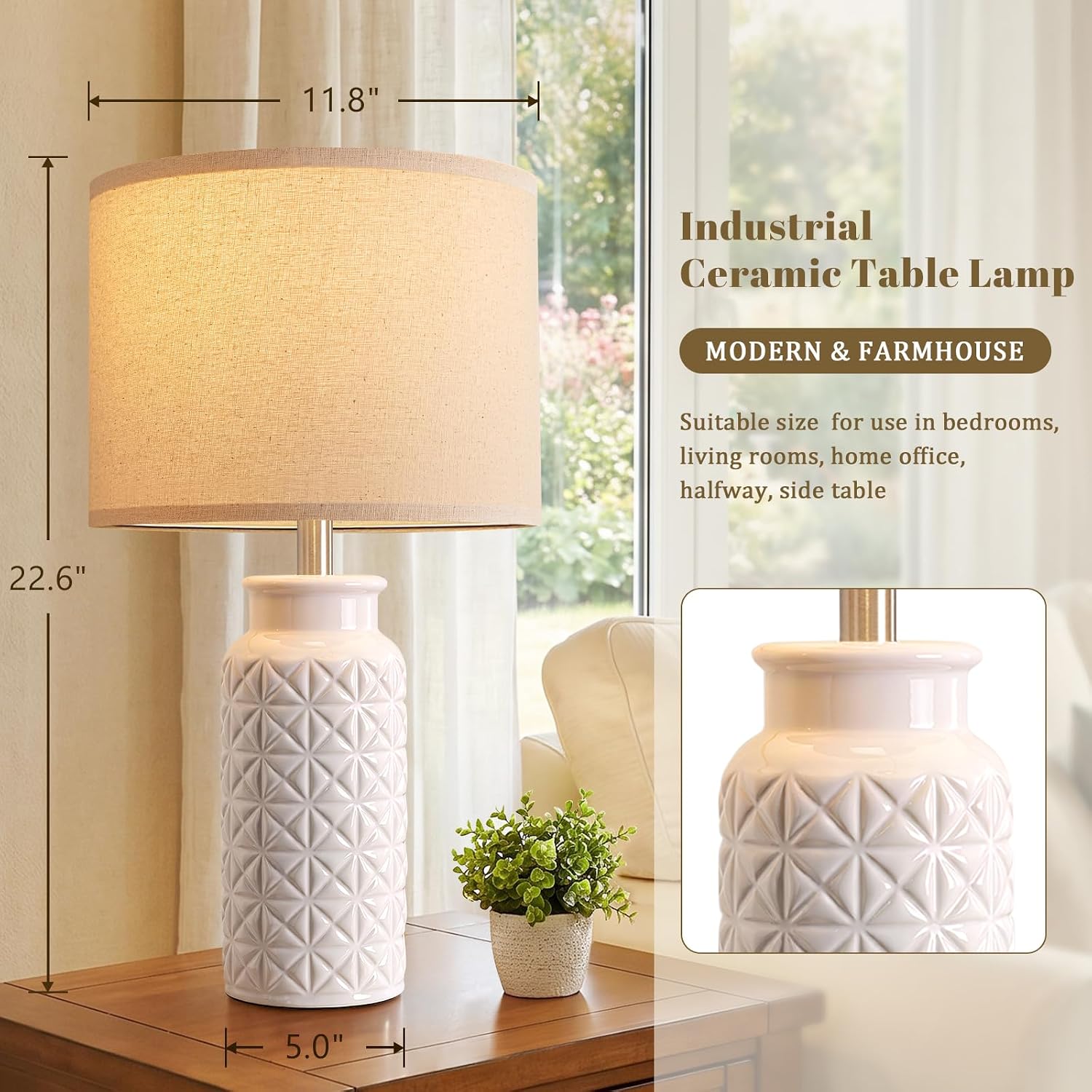 Detalle de Innqoo 22.6-Inch Ceramic Table Lamps, Set of 2, White Linen Shades