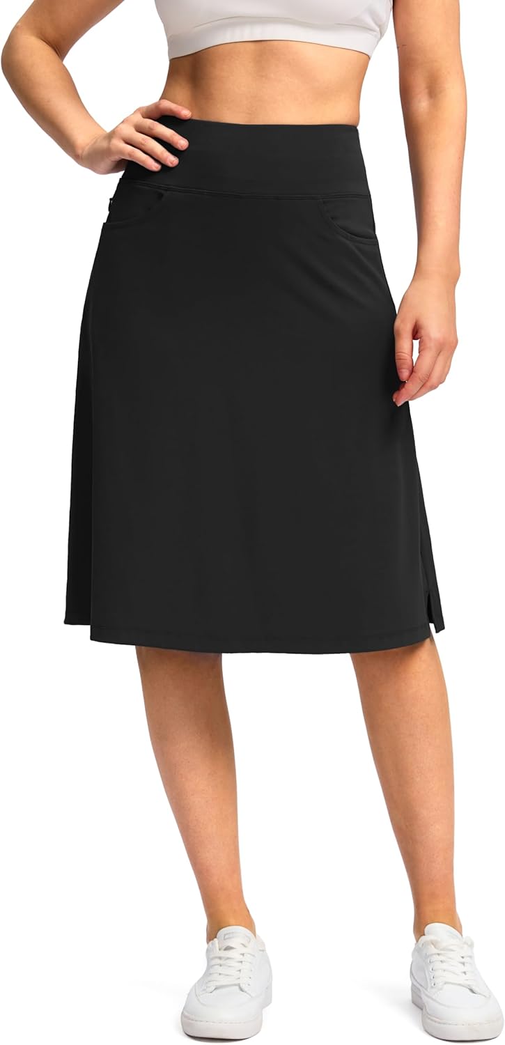 Viodia 25" Knee-Length Skorts Skirts for Women with Zipper Pockets (Stretchy Modest A-line Midi)