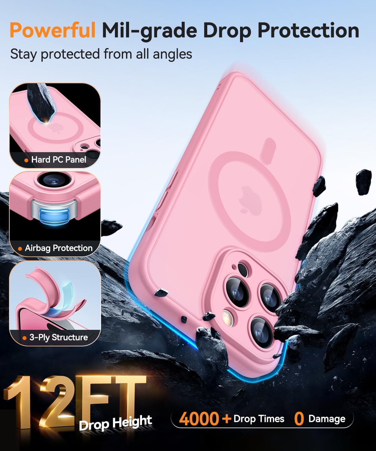 Thumbnail 6 de CANSHN Coque Magnétique pour iPhone 14 Pro (6,1 po) – Protection complète de l’appareil photo, fond mat translucide, Rose