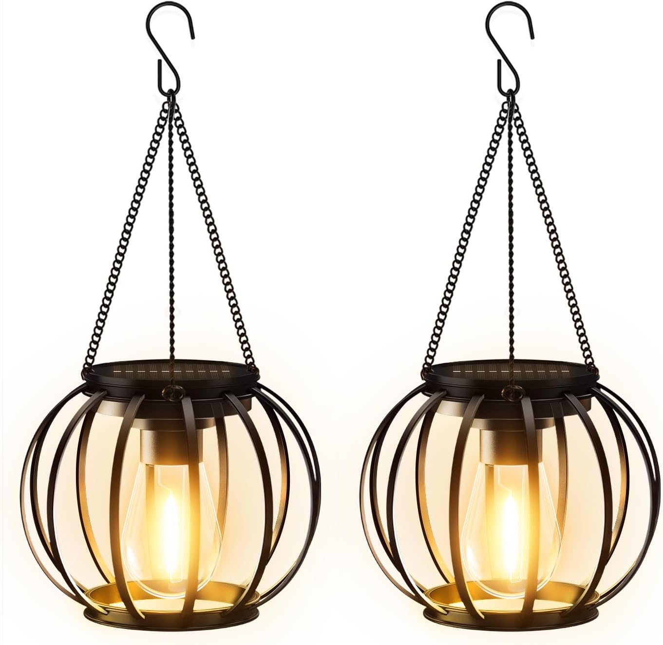 Detalle de BUCASA Solar Lights Outdoor Garden – 2-pack metal lanterns with chain and hook for hanging décor