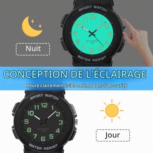 Thumbnail 1 de DTKID Montre Enfant Analogique Rétroéclairé – Grand Cadran, 50M Noir