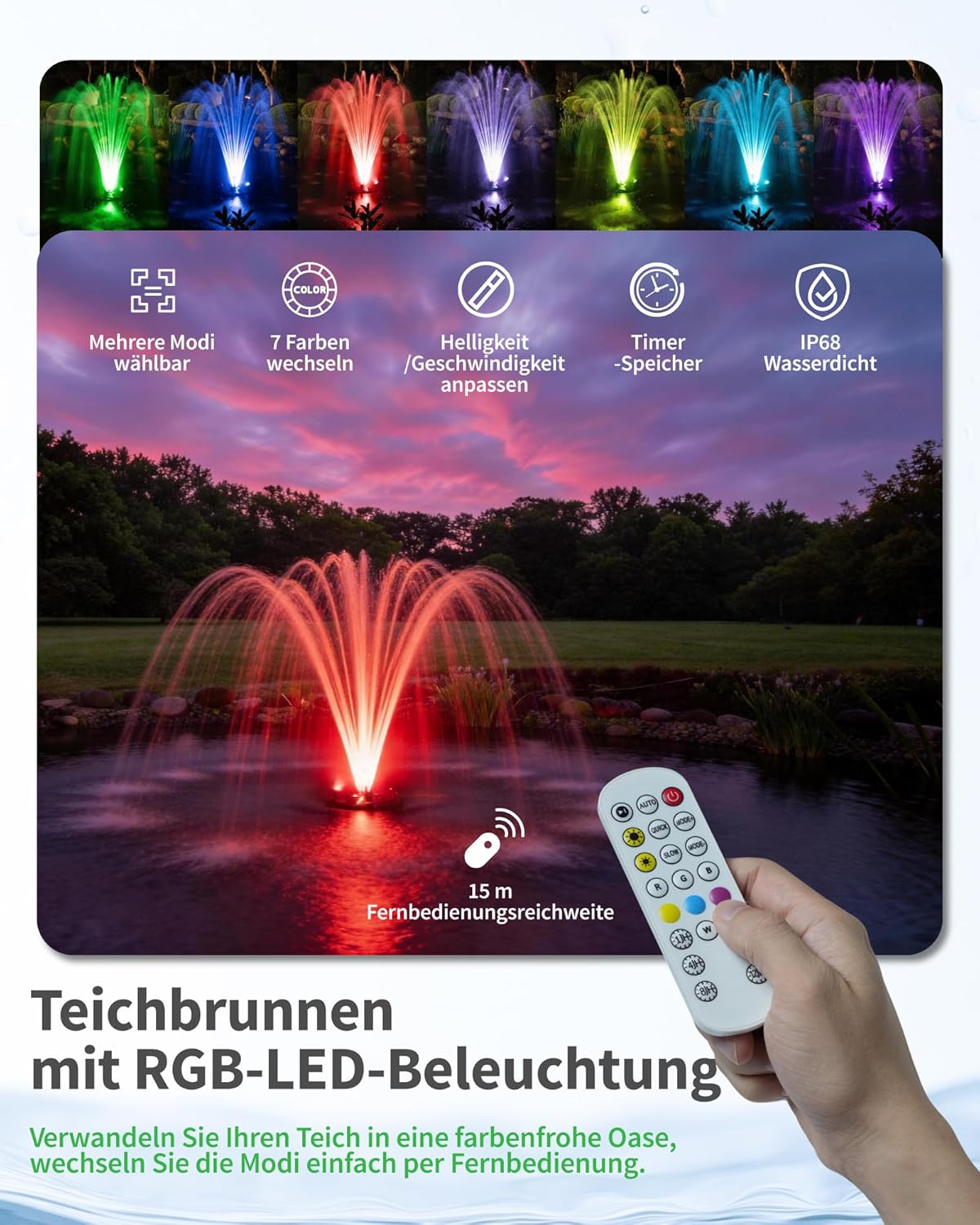 Detalle de Kit Fontaine Flottante POPOSOAP – Aérateur 2-en-1 et Éclairage LED pour Bassin et Jardin Aquatique