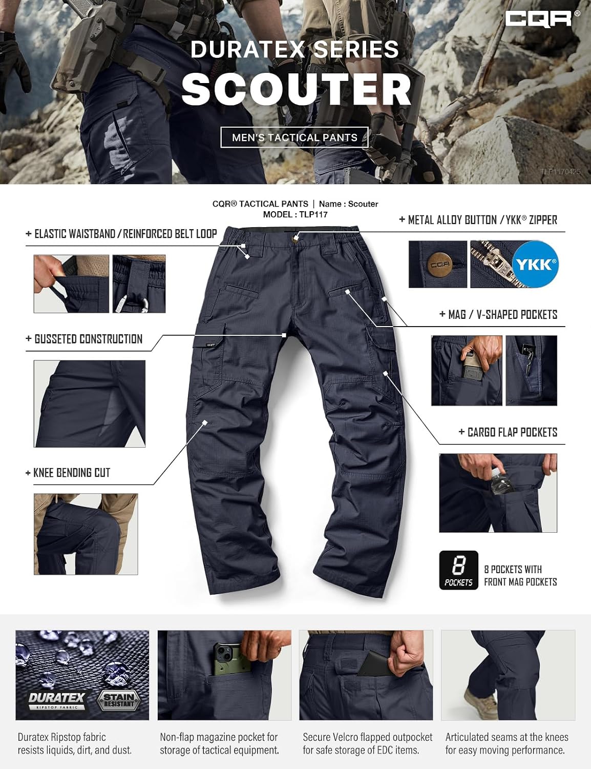 Thumbnail 6 de CQR TLP117 Men's Tactical Pants, Water-Resistant Ripstop Cargo Design