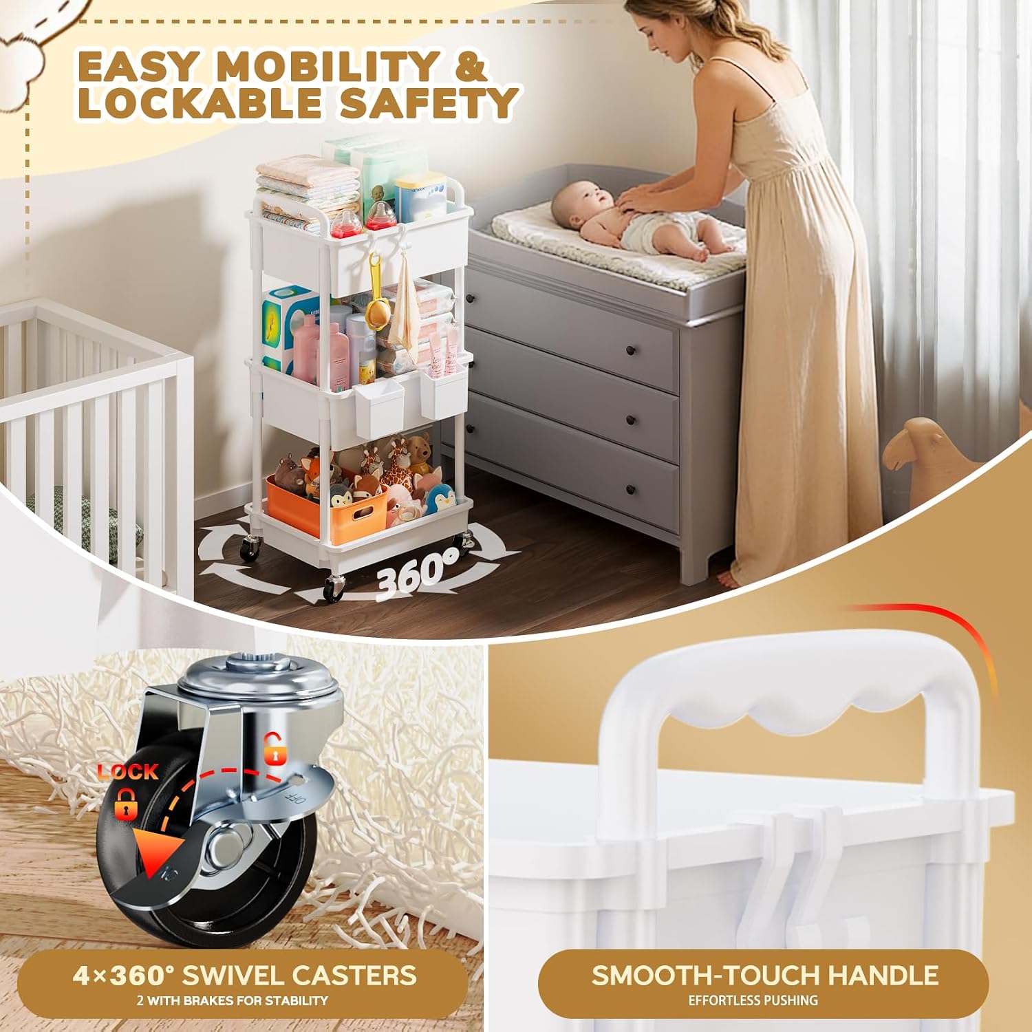 Thumbnail 4 de Goovilla 3-Tier Diaper Cart, White Rolling Organizer with Lockable Wheels