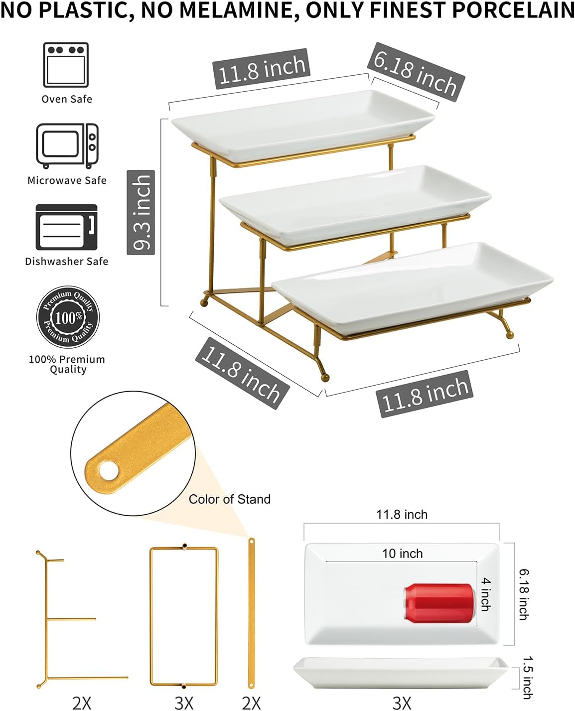 Detalle de LAUCHUH 3-Tier Porcelain Serving Tray with Collapsible Sturdy Rack, 12 Inch (Gold)