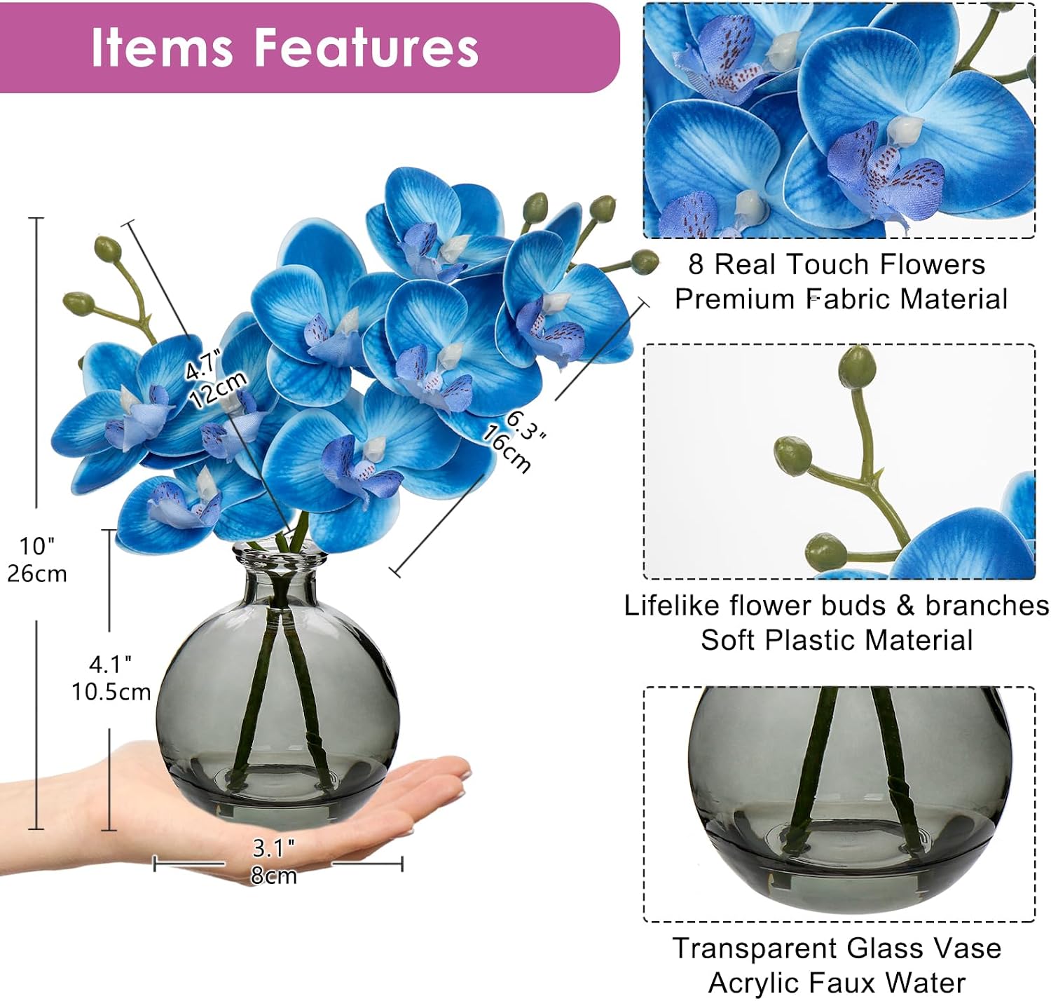 Detalle de 2 Stück Künstliche Orchideen Blau mit schwarzer Glasvase – Pflegeleichtes Deko-Set