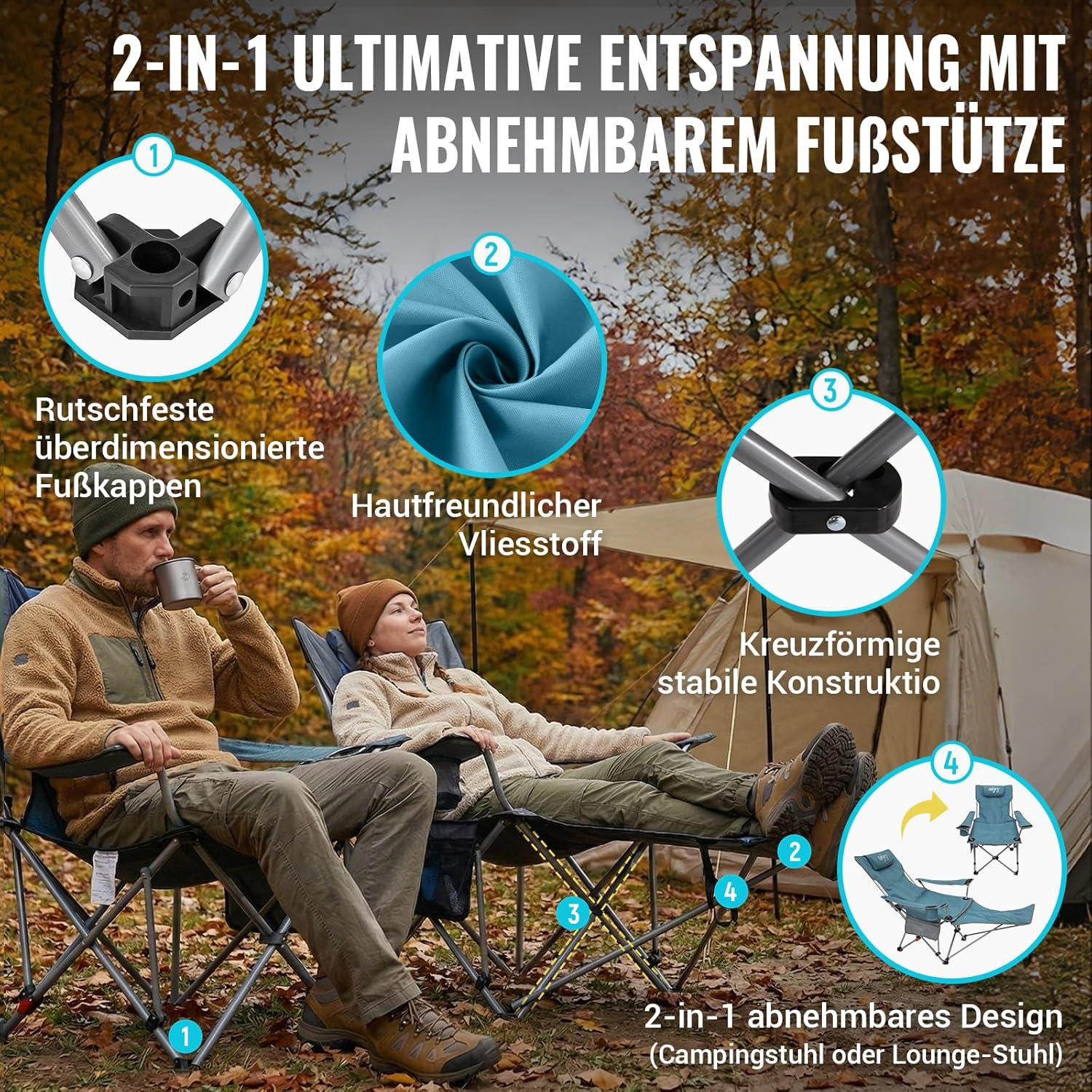 Detalle 2 de WEJOY 2-in-1 Campingstuhl Faltbar mit Fußstütze – gepolstert, 3 Positionen, 2er Set ( Cyan )