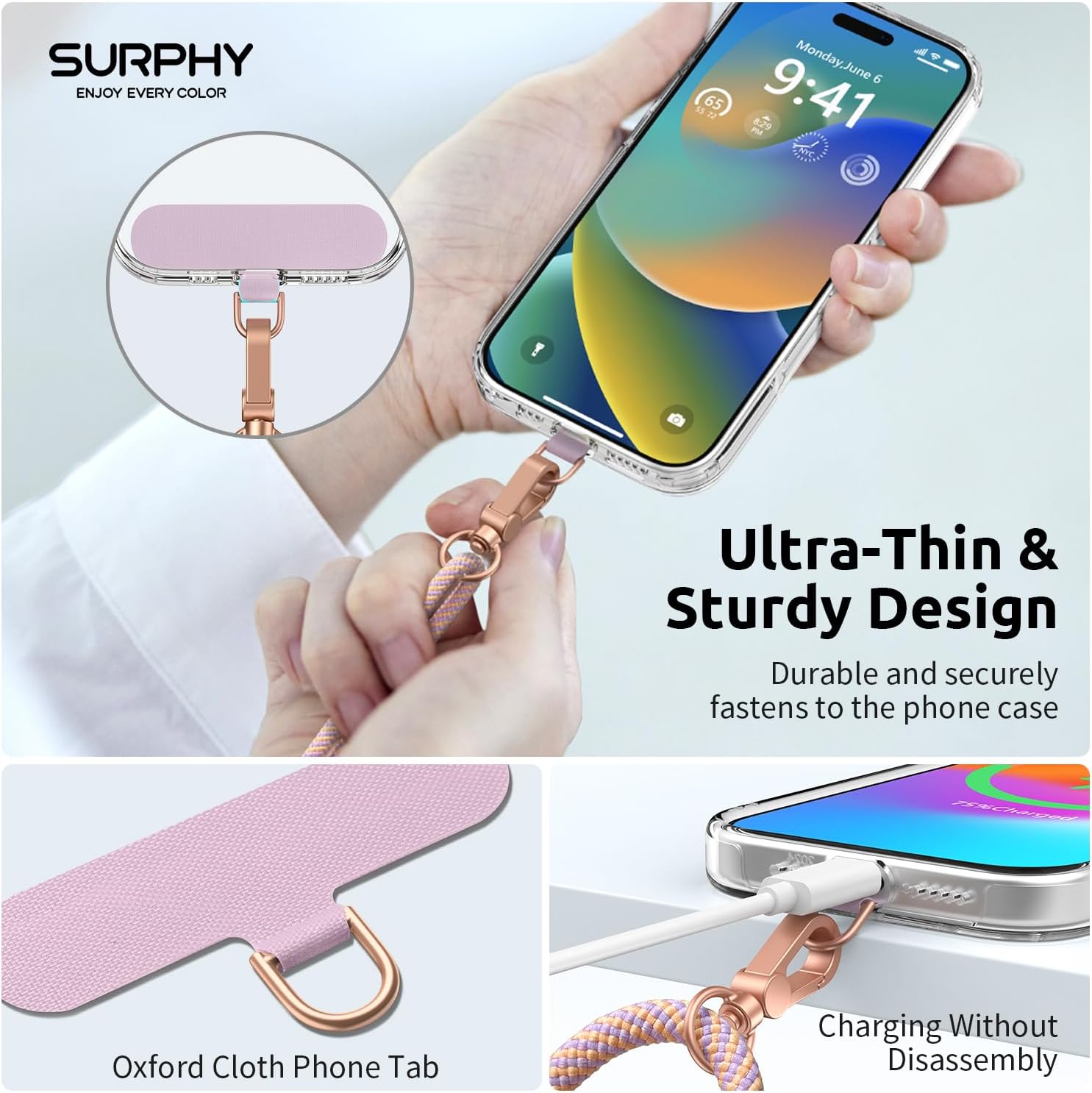Thumbnail 6 de SURPHY Crossbody Phone Lanyard with 2 Tether Tabs, Adjustable Pink & Purple