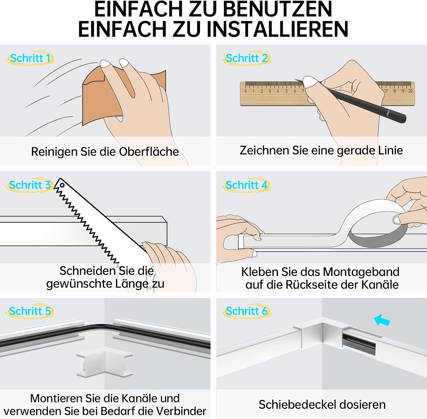 Thumbnail 4 de kinkaivy Selbstklebender Mini Kabelkanal Weiß, 4 m Gesamtlänge – abreißbar, 15×10 mm